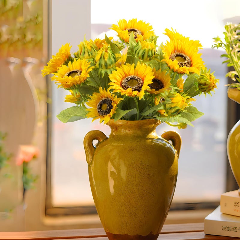 Htmeing Artificial Sunflowers Silk Flowers Fake Branches Decorative Plants Stems for Home Office Shop Decor (2pcs) - Image 5